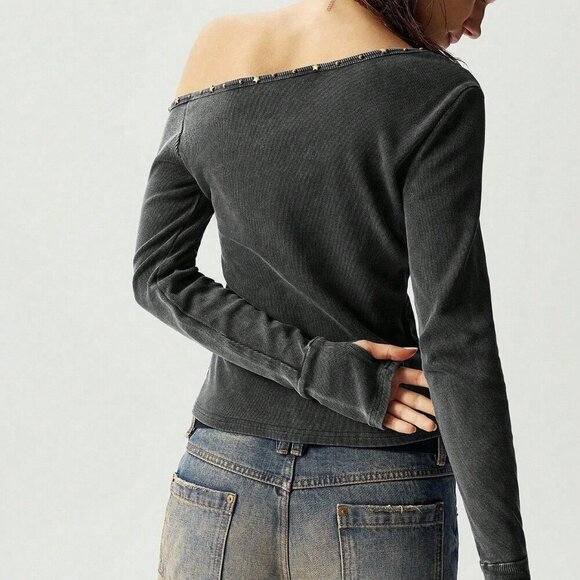 Grey Casual Women's Asymmetrical Neck  longSleeve T-Shirt top - Picture 2 of 6